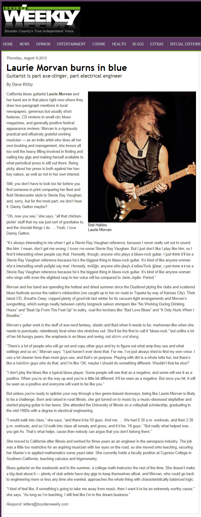 Boulder Weekly feature article on Laurie Morvan in August 9, 2012 issue