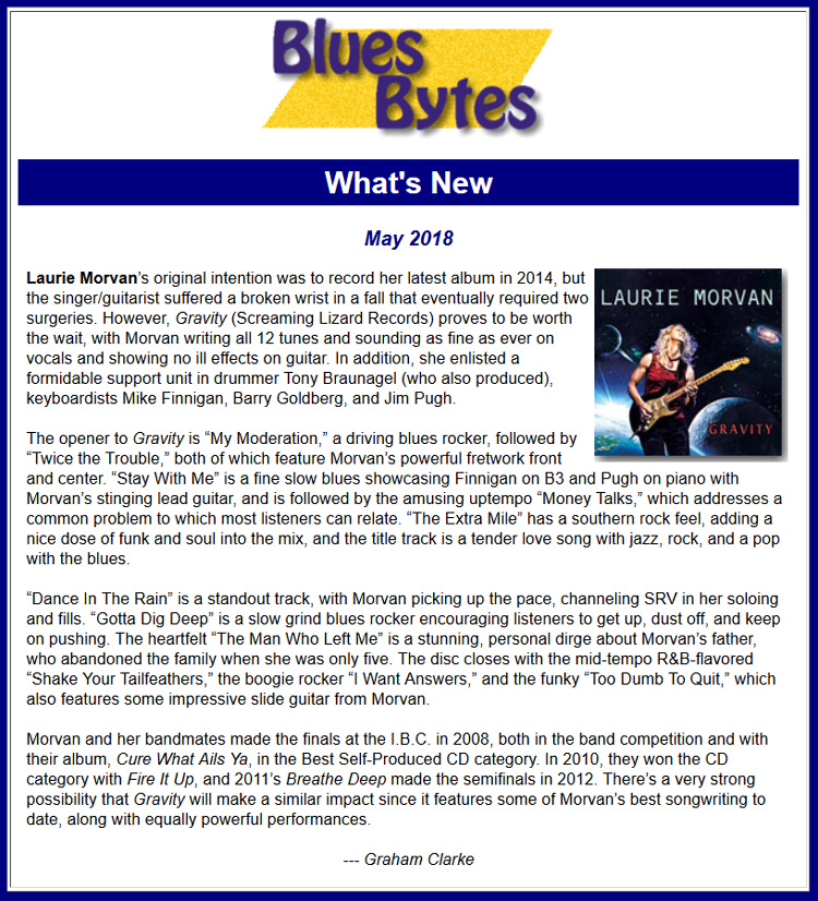 Blues Bytes CD review of GRAVITY by Laurie Morvan