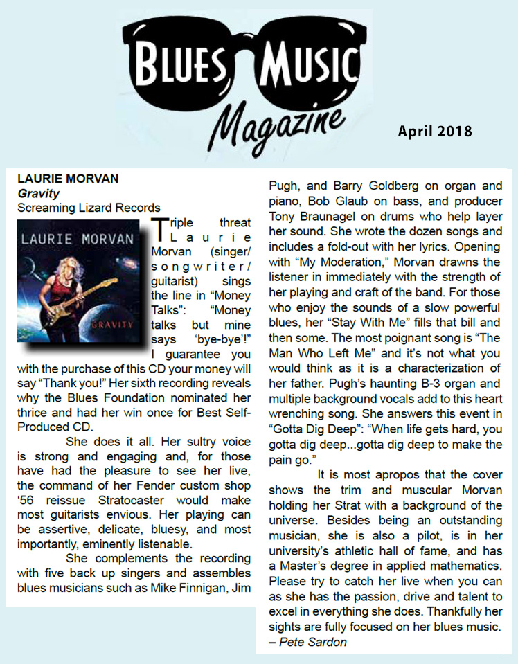 Blues Music Magazine April 2018 review of Gravity by Laurie Morvan