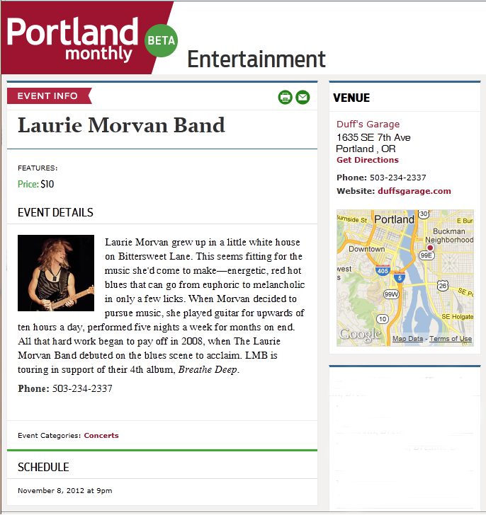 Portland Monthly feature article on Laurie Morvan Band, October 27, 2012